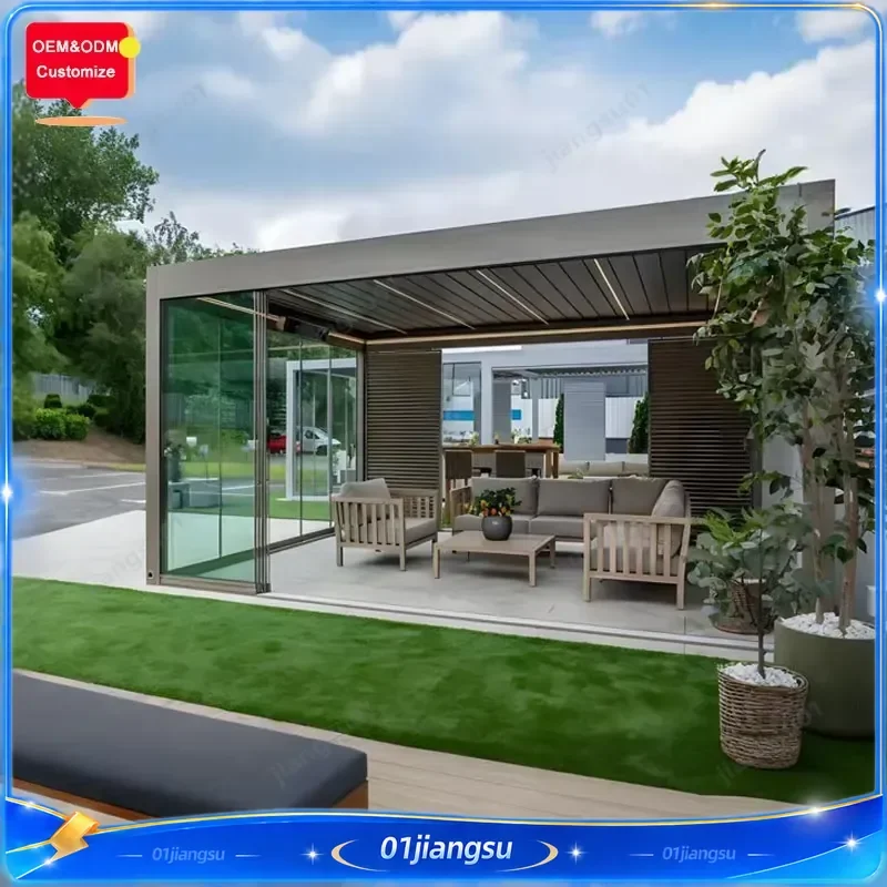 Modern 8x12M Aluminum Bioclimatic Pergola Motorized Louvered Roof Rainproof Glass Door LED Light Outdoor Gazebo Patio Canopy