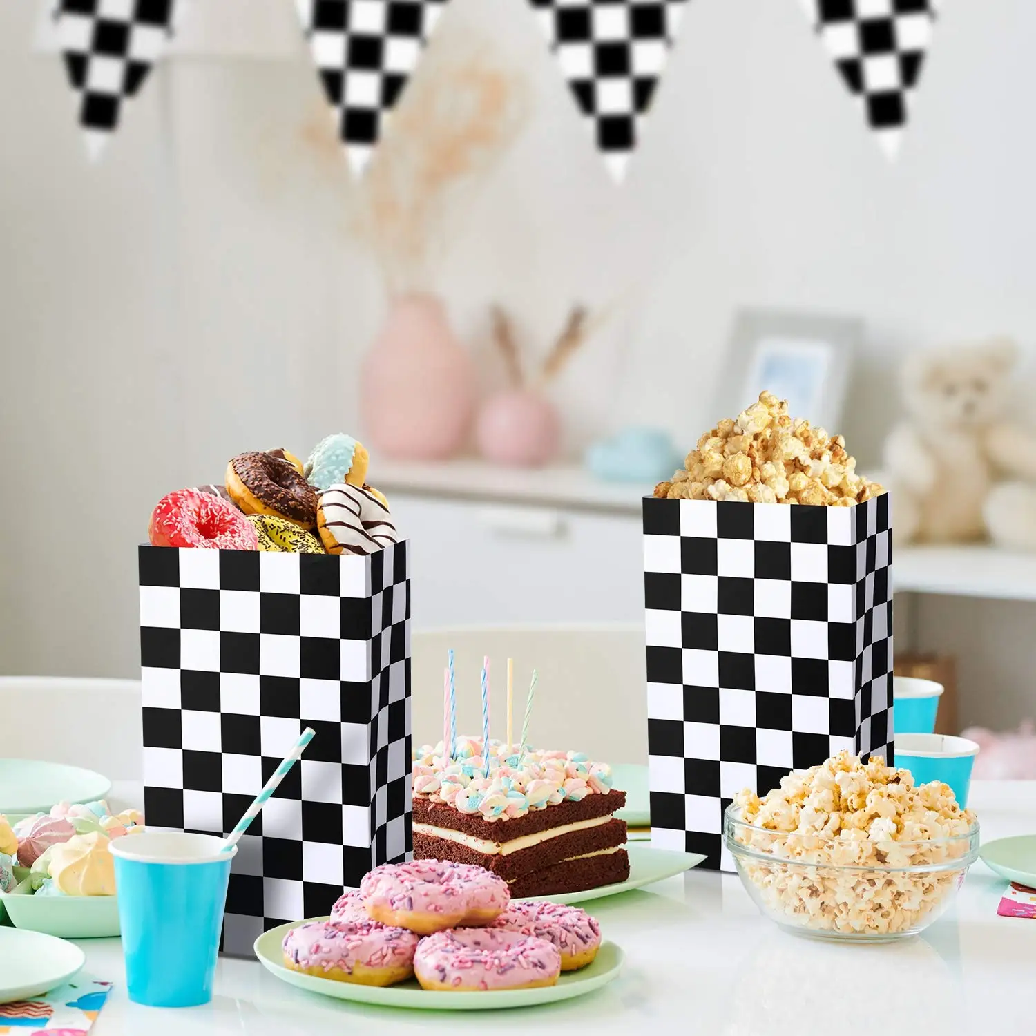8PCS Checkered Black and White Race Car Favor Bags Kraft Paper Popcorn Boxes Goodie Bags Candy Bag Truck Cars Birthday Supplies
