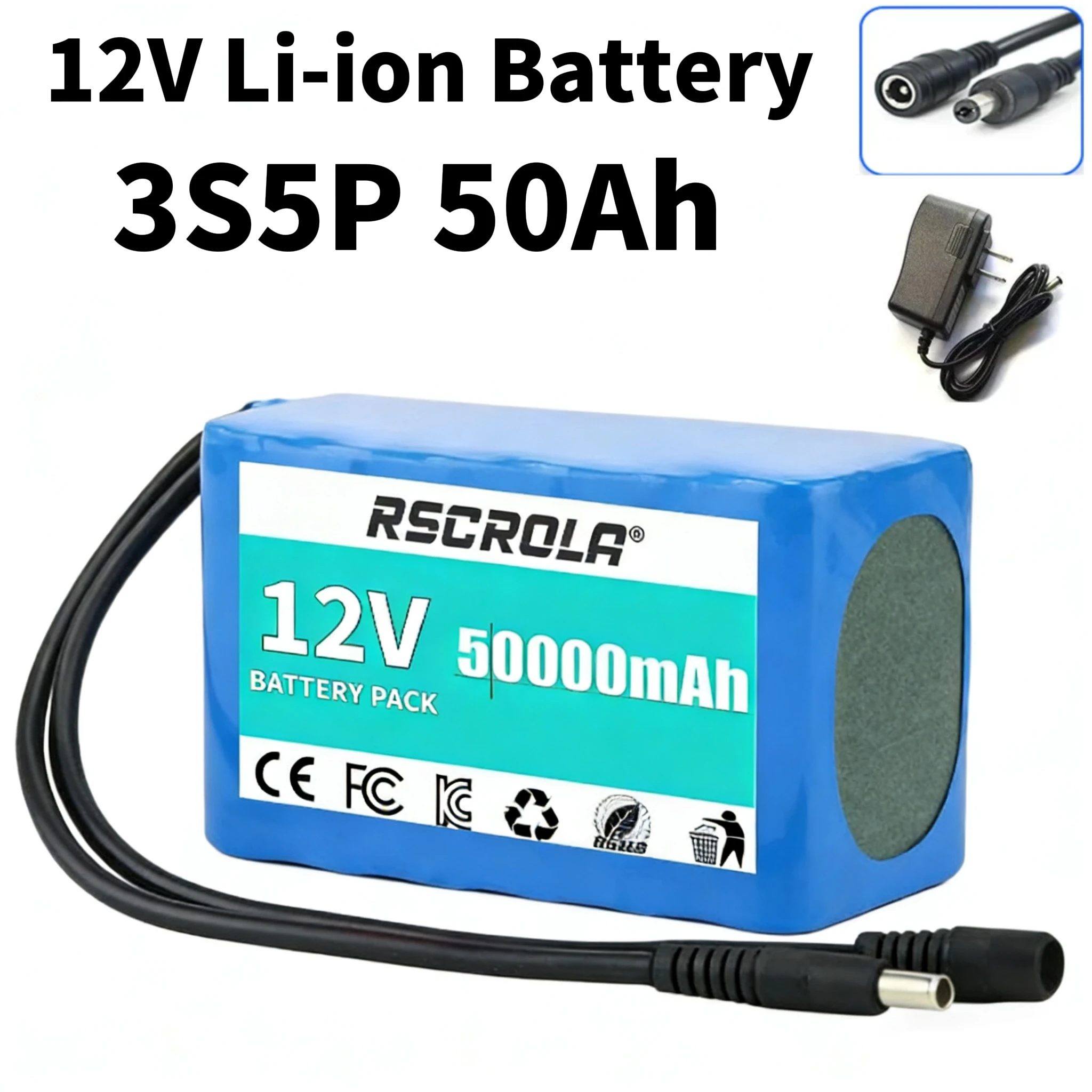

12 В, 20 Ач-50 Ач, 3S5P, 18650, литий-ионный аккумулятор с BMS + зарядное устройство, перезаряжаемая перезаряжаемая батарея сверхбольшой емкости, 12,6 В постоянного тока