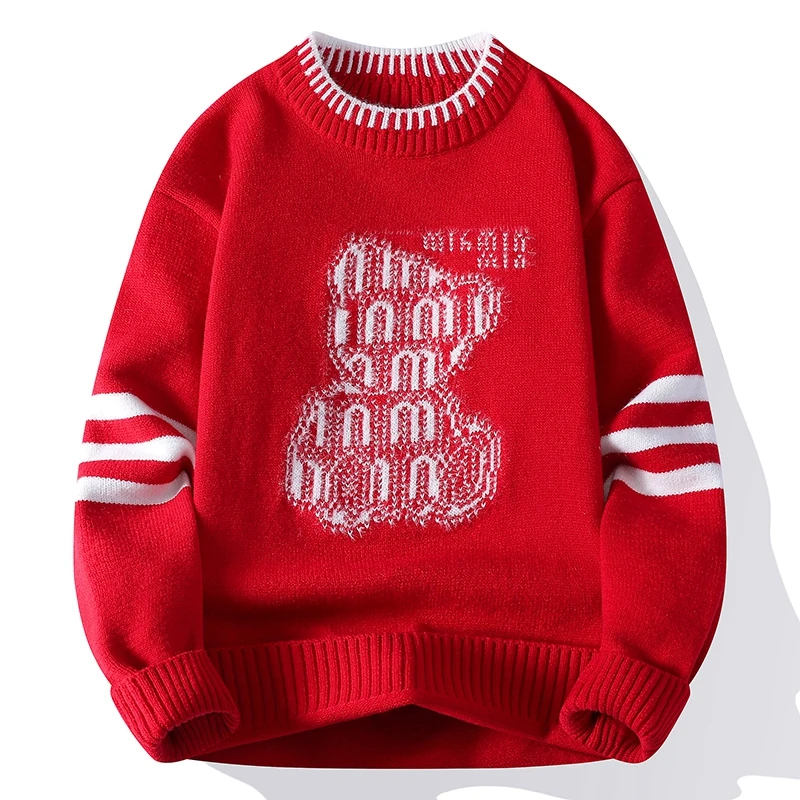 

2025 New Style Trendy Bear Design Pullover Cardigan Men Round Neck Knit Sweater Warm Comfortable Oversized Youth Man Wear