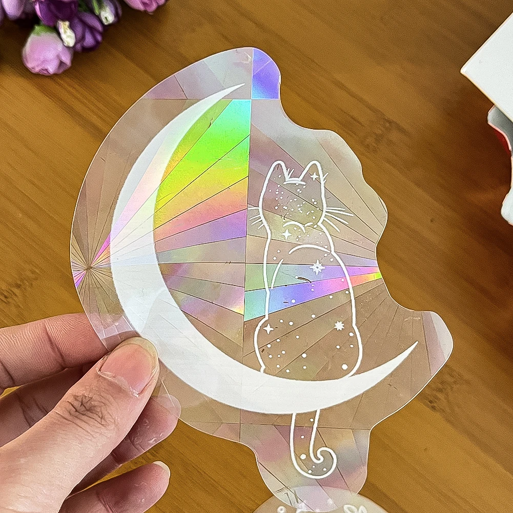 컬러 레이저 정적 유리 스티커 고양이 달 재미 있은 태양 포수 레인보우 프리즘 스티커 Anti-collision Glass Home Store Decorations