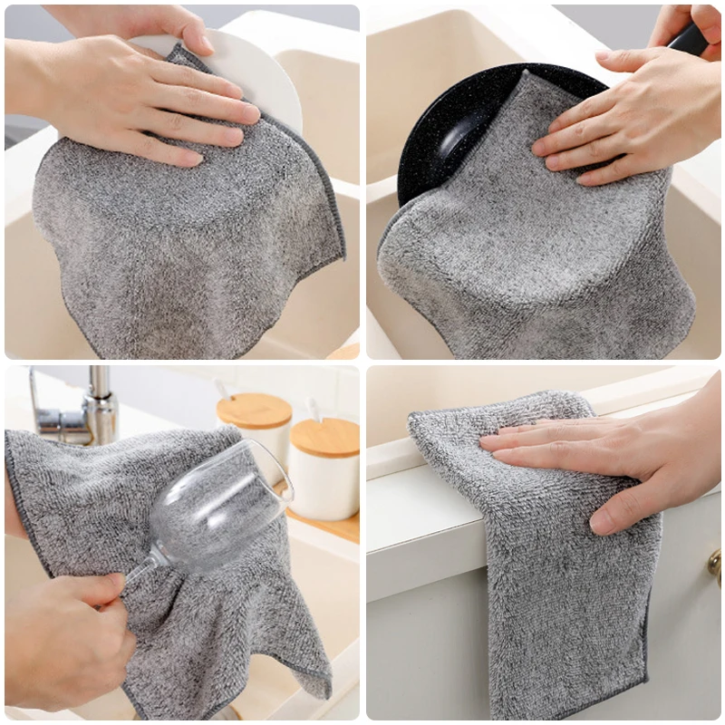 10 pcs Gray Bamboo Charcoal Thickened Super Absorbent Dishcloth Anti-grease Home Kitchen Wiping Rags Microfiber Cleaning Cloths