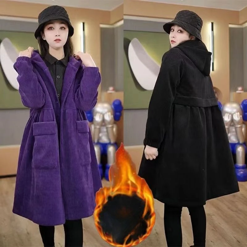 High-end Winter Cotton Coat Warm Trend Women Corduroy Cotton-padded Jacket Thick Long Parkas Hooded Loose Pocket Outerwear New