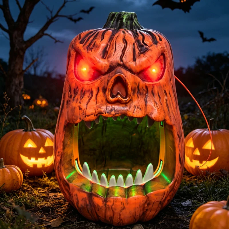 Halloween LED Lighted Pumpkin Candy Bowl Voice Activated Skull Face Lantern Outdoor Party Trick Treat Decoration Prop view 4