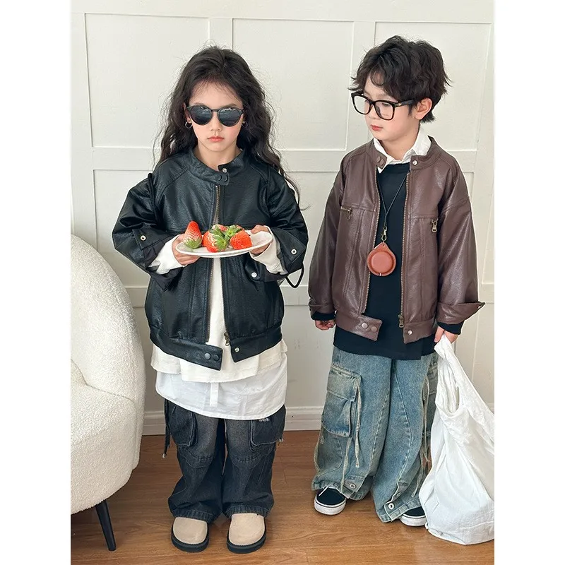 2024 Autumn Children Boy Leather Jacket Solid Long Sleeve Zipper Baby Boy Coat Korean Heavy Industry Young Kid Boy Outwear Coats