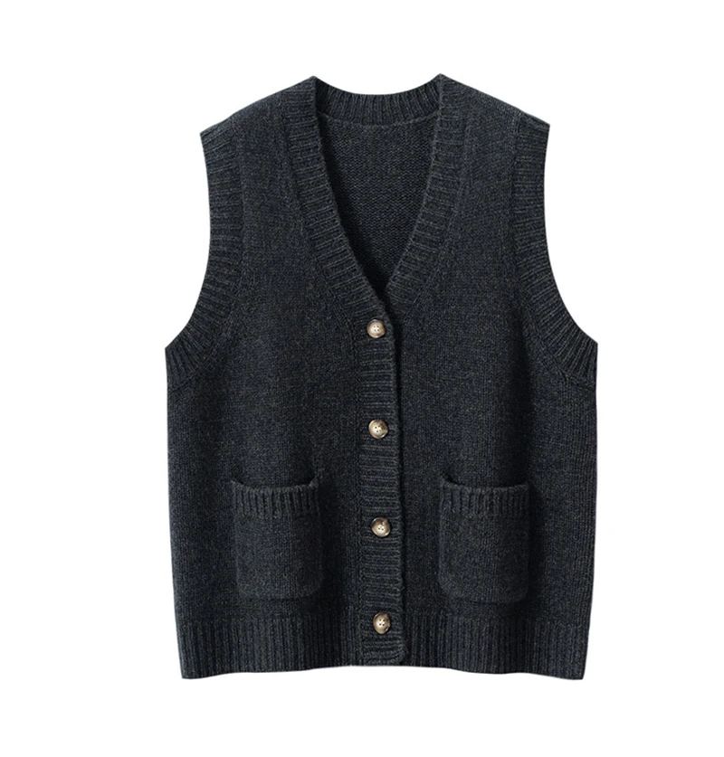 

Solid Cashmere Knitted Vest Tops for Women Casual V-neck Single-breasted Female Sleeveless Pockets Knitting Wool Waistcoat Tops