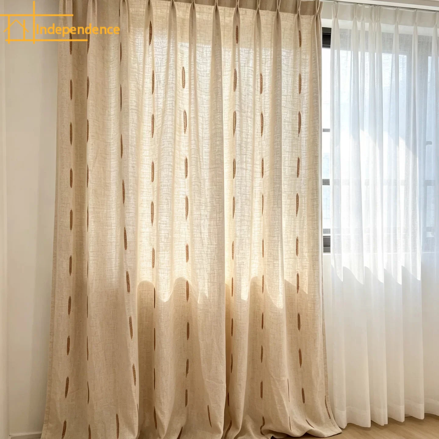 Cotton and Linen Log Vertical Grain Embroidery Thickened Window Screen Curtains for Living Room Bedroom French Window Balcony