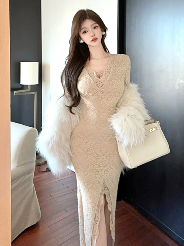 

Pure Desire Sexy Long Sve Fce Lined Lace V Ne Dr Women's Autumn Winter Slim Fit Waist Cinching Bodycon Skirt