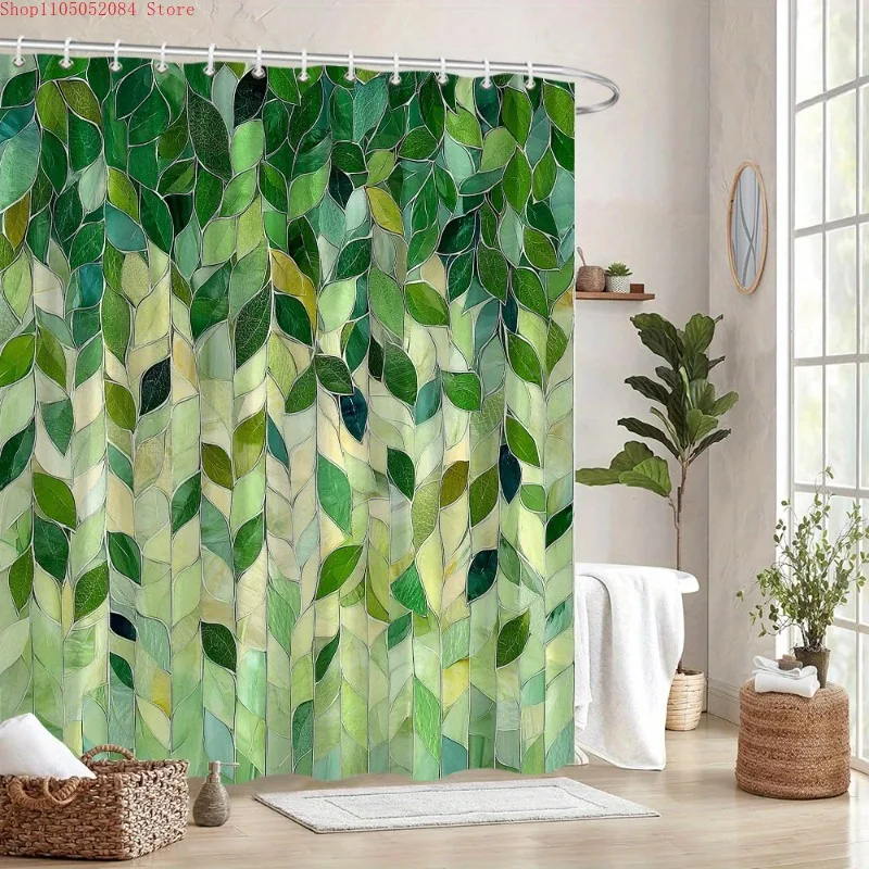 1pc abstract green leaves shower curtain vertical mosaic  -   With Hooks Waterproof Mildew Proof Easy Install Washable - view 2