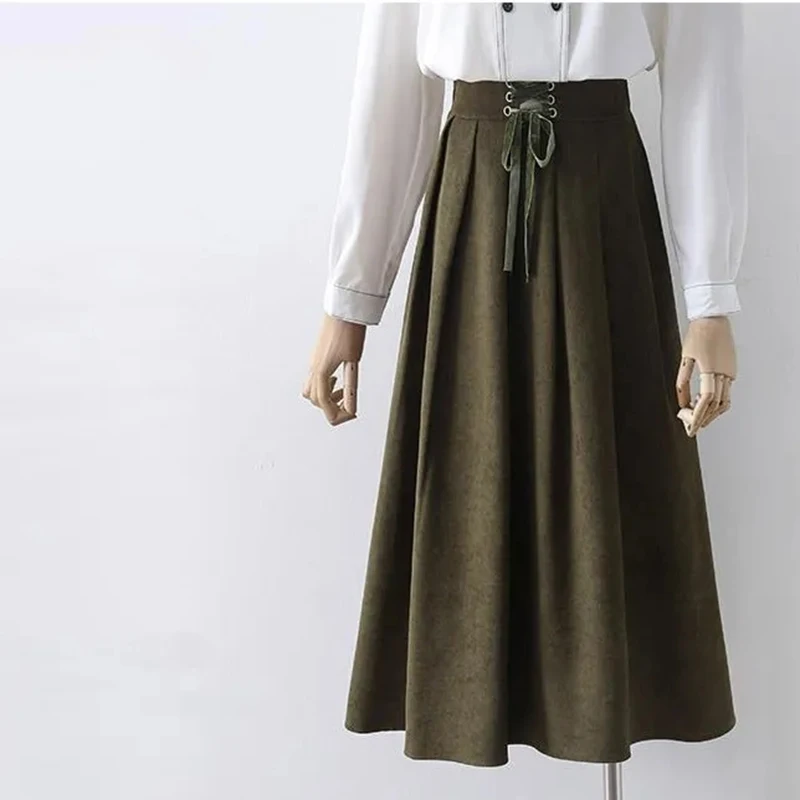 

Retro Lace-Up Pleated Skirt Women Autumn High Waist Elegant A-Line Skirt Y2K Harajuku Streetwear Solid All-Match Midi Skirts New