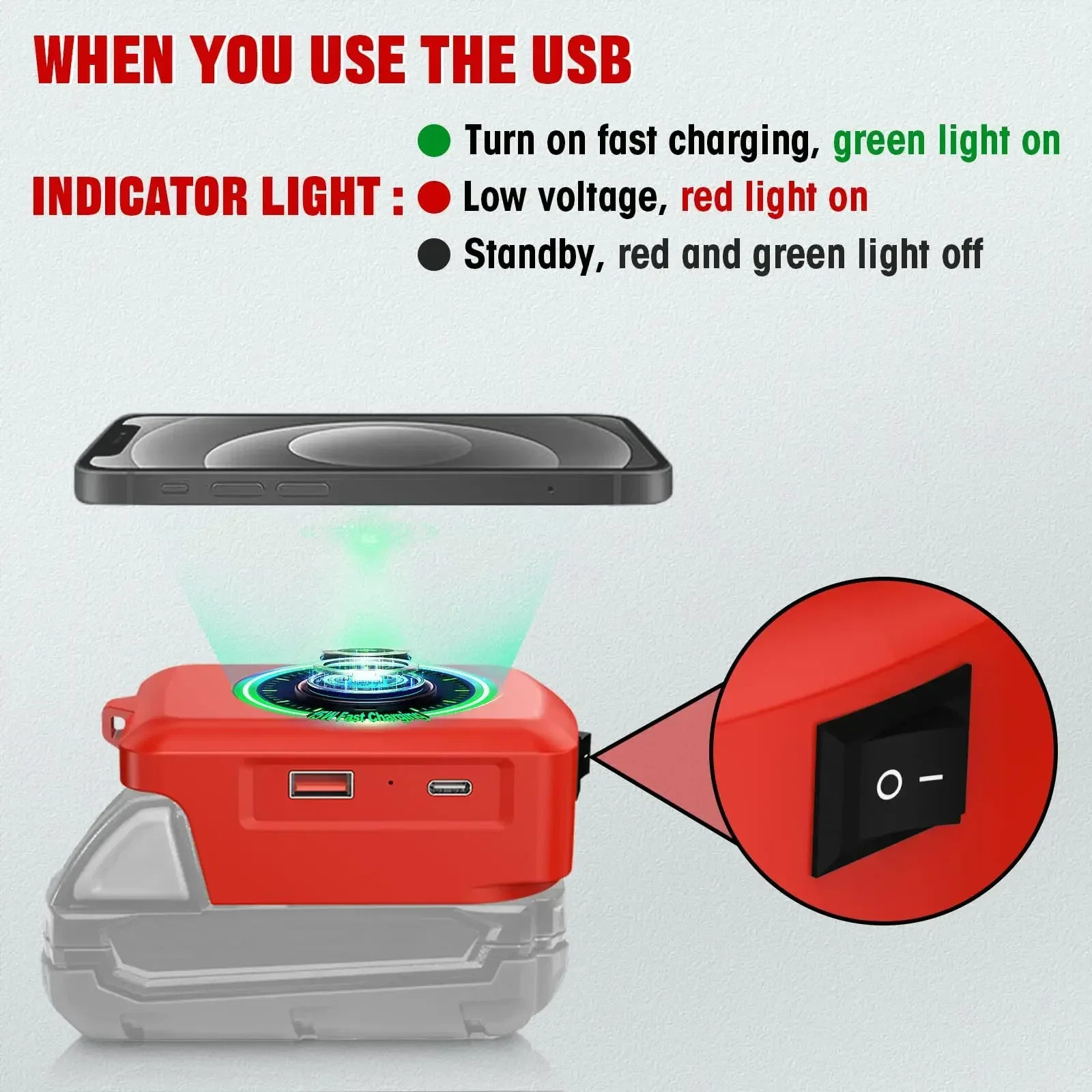 Charger Adapter with USB Type-C Charging Ports for Milwaukee 18V Li-ion Batteries with 4 Wireless Charging Modes for Cell Phones