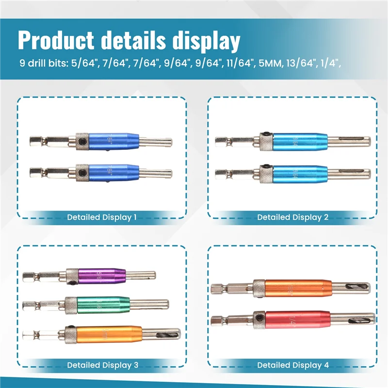 

Self Centering Drill Bit Set 1/4Inch Hex Shank Vix Bit, 5/64In To 1/4In Center Drill Bit Set Custom Hinge Drill Bit Set Kit-X59A