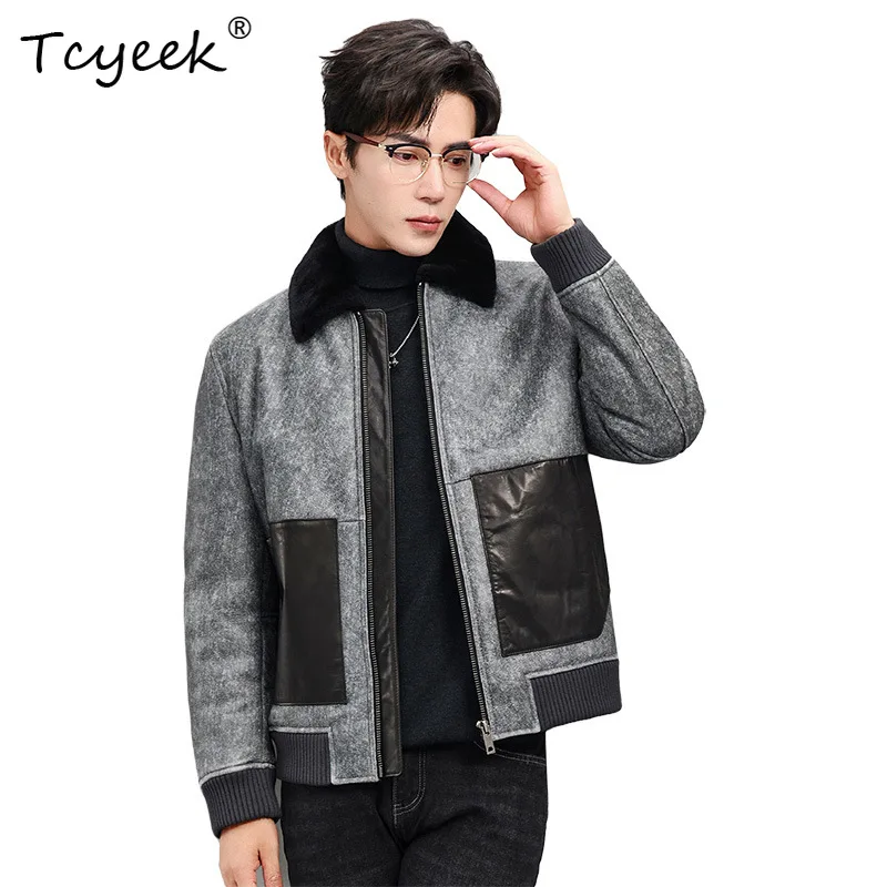Tcyeek Real Sheepskin Shearling Coats Men's Goose Down Jacket Cowhide Pocket Short Winter Genuine Leather Jackets 2026 Jaquetas