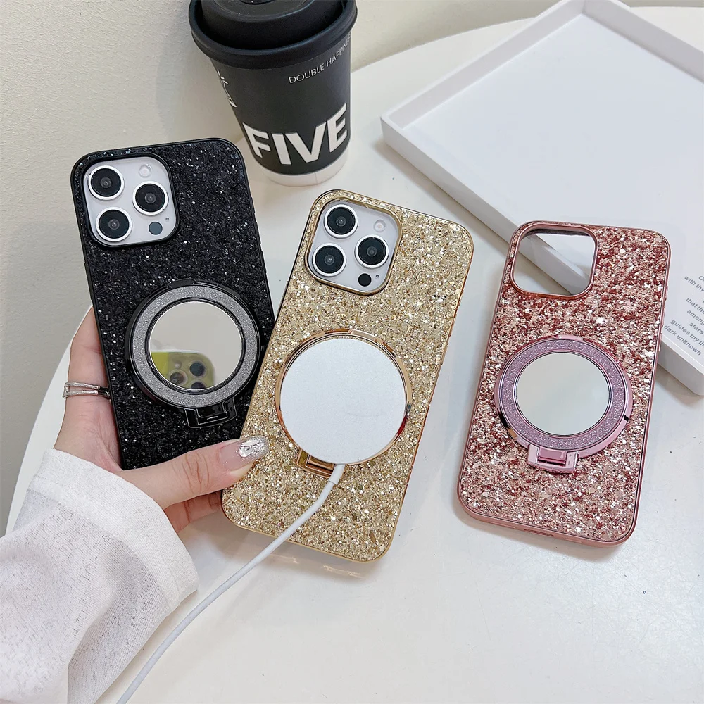 Glitter Magnetic Makeup Mirror Holder Case for iPhone 16 15 14 Plus 13 12 11 Pro Max Magsafe Wireless Charge Shiny Diamond Cover