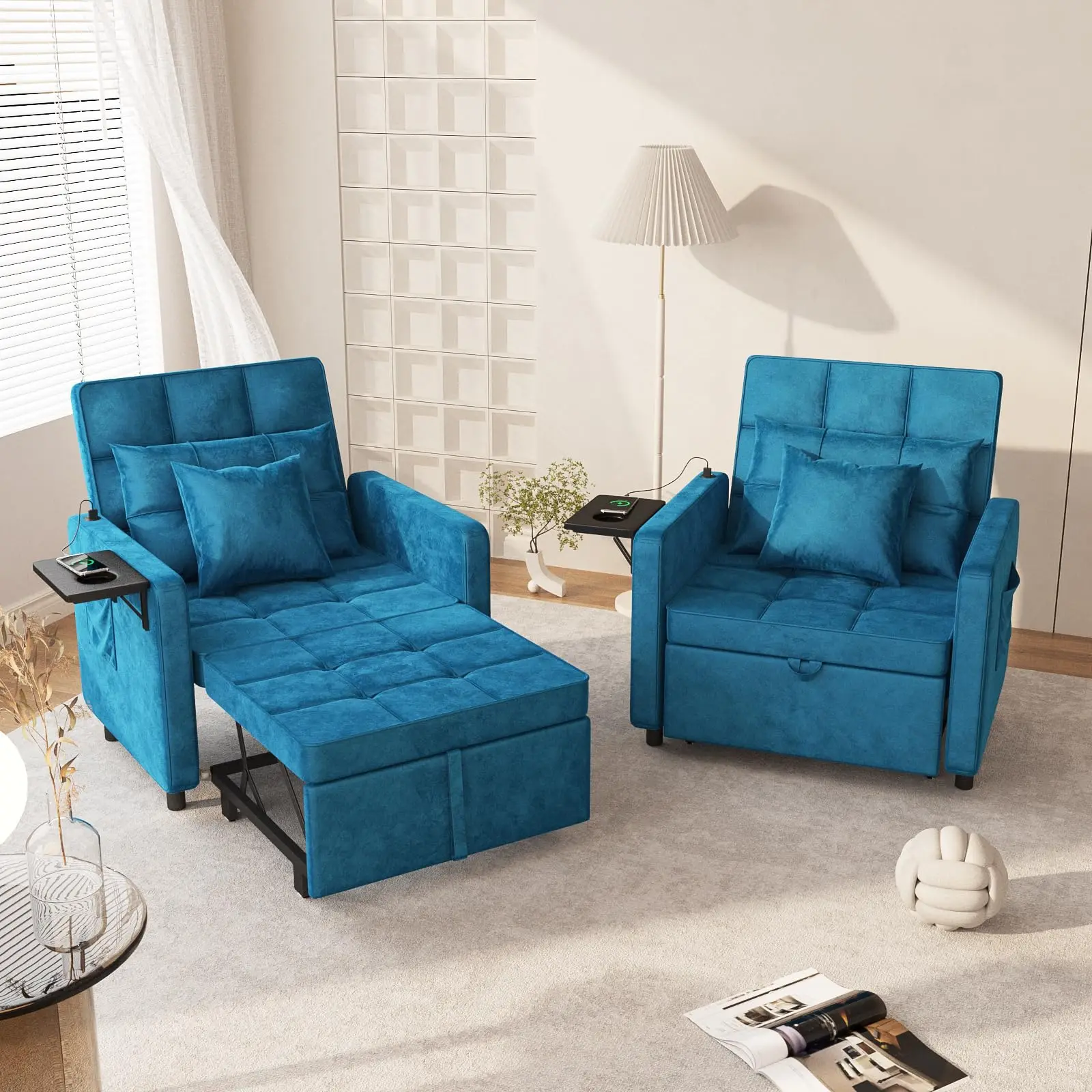 Vabches Velvet Chaise Lounge Chair with USB Ports & Two Pillows 3-in-1 Convertible Sofa Chair for Living Room Leisures Sofa Bed image 6