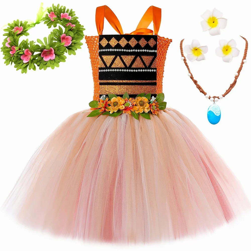 Polynesian Princess Costume for Girls Fancy Hawaiian Tribal Tulle Tutu Dress Kids Beach Themed Halloween Birthday Party Dress Up