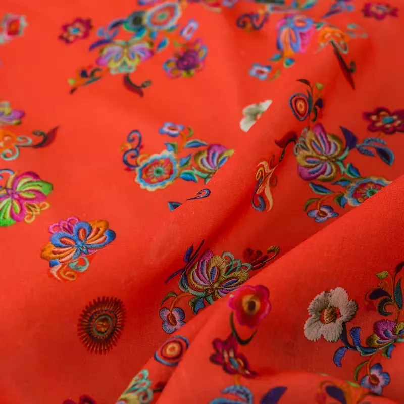1yard High quality ramie fabric for sewing red Colorful flowers print tissu Customized handmade DIY for dresses clothing fabric