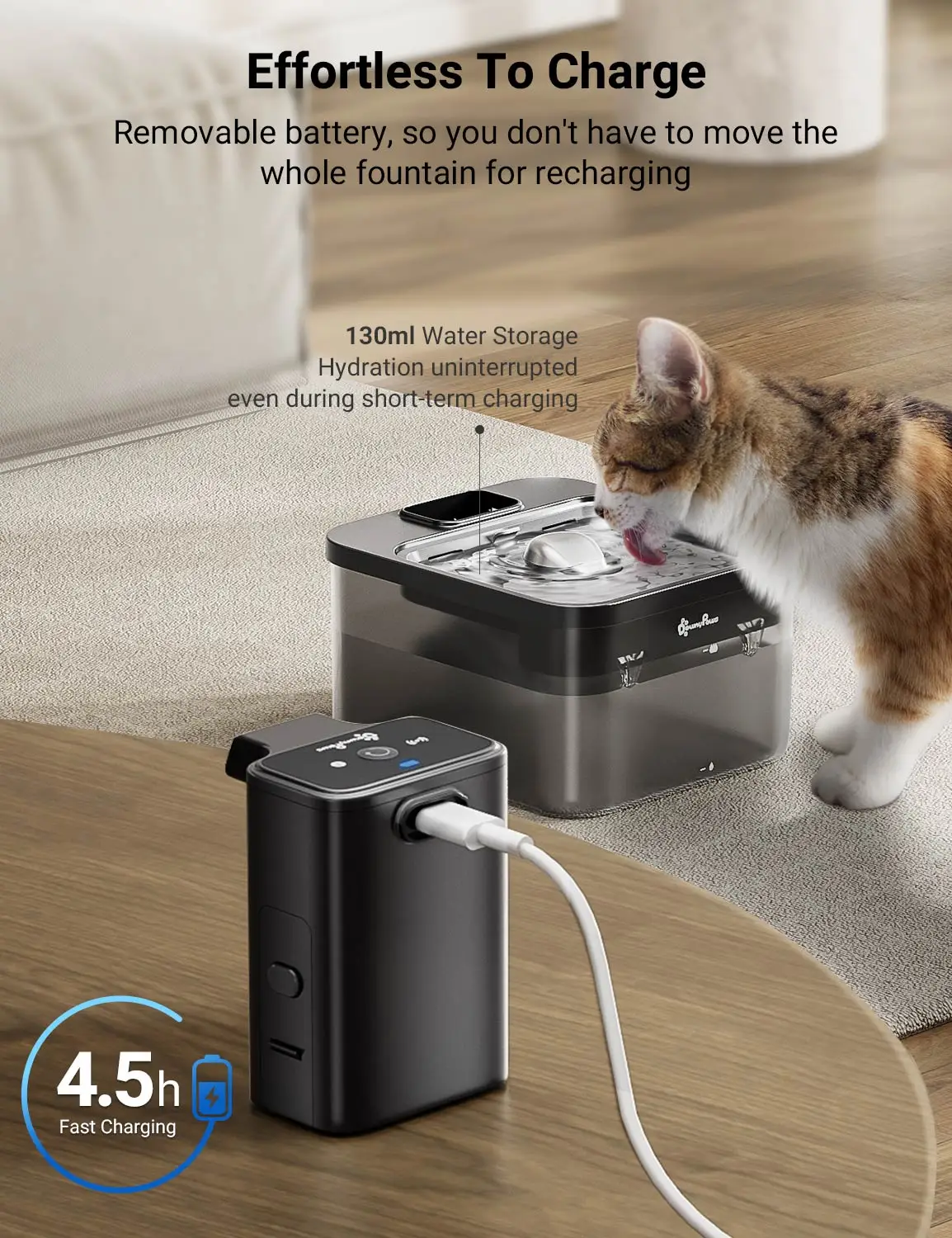 DownyPaws-fuente de agua automática de acero inoxidable para gatos, dispensador 2 en 1 de 2.5L, 4000mAh, color negro, inalámbrico, bebedero para