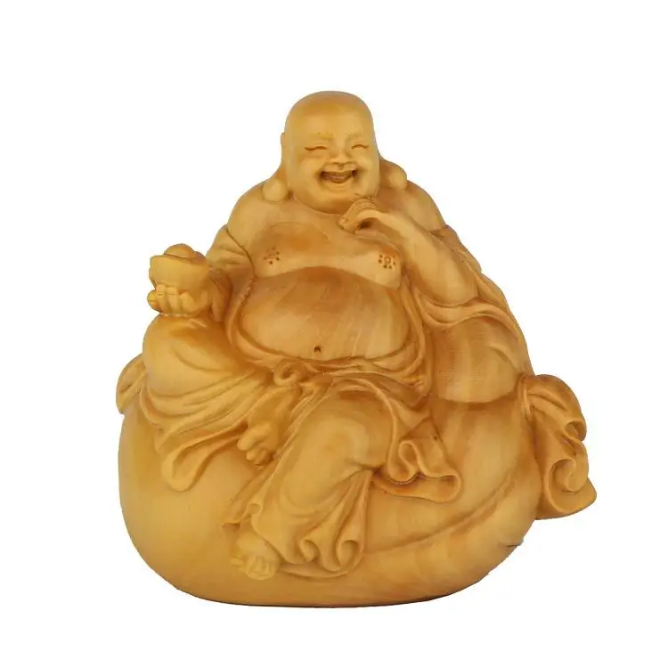 

Ornaments Yellow Poplar Wooden Carving Seat Bag Maitreya Buddha Statue Gift Wooden Craft Home Decoration Collection Souvenirs