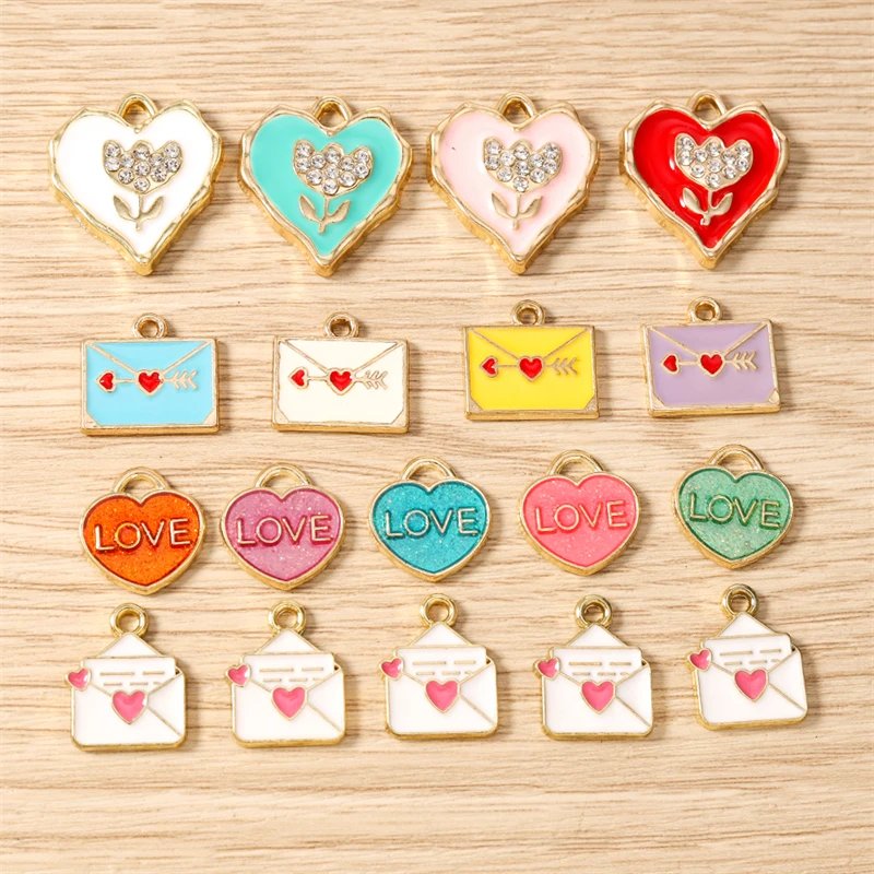 10 Stück Niedliche Emaille-Anhänger in Herz- und Umschlagform für Schmuckherstellung, Halsketten, Ohrringe, DIY-Bastelarbeiten, Geschenke – Detail 1