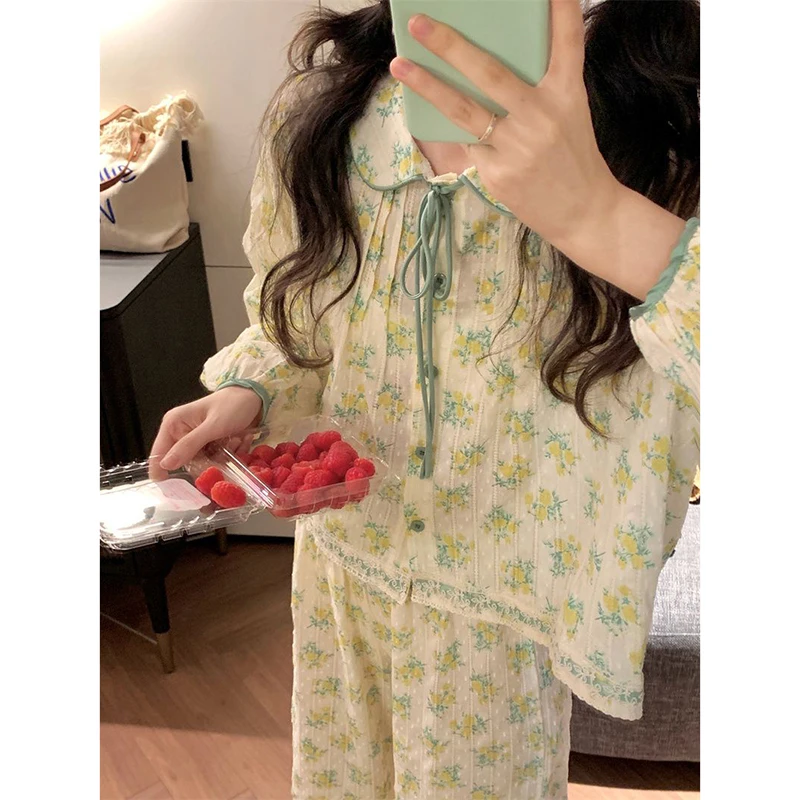 Flroal Sleepwear Women Pajama Sets Aututmn Piiama Ruffles Pants Sets 2 Pieces Korean Cute Night Wears Pocket Sleeping Home Suit