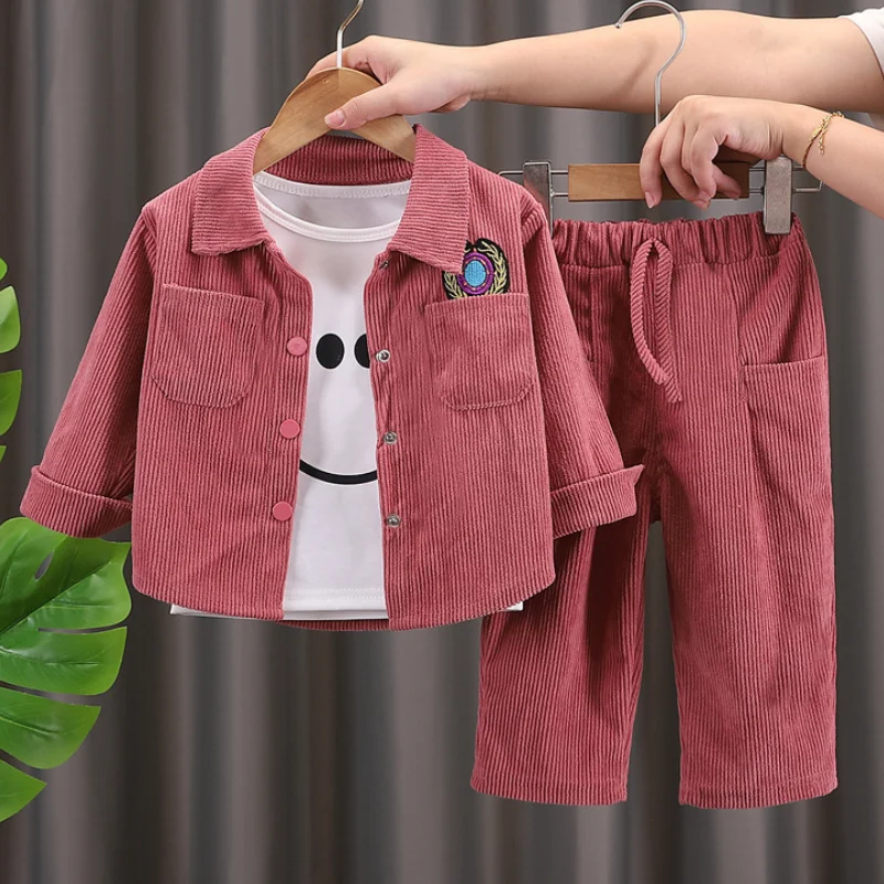 

Boys and Girls Autumn/winter New Solid Color Smiling Face Printed Fashion Corduroy Shirt Long Sleeve Long Pants 3-Piece Set