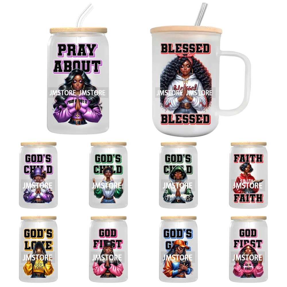 Blessed Black Afro Girl Praying UV DTF Decals Ready To Apply Waterproof Transfer Stickers DIY Crafts For 16OZ Libbey Glass Can