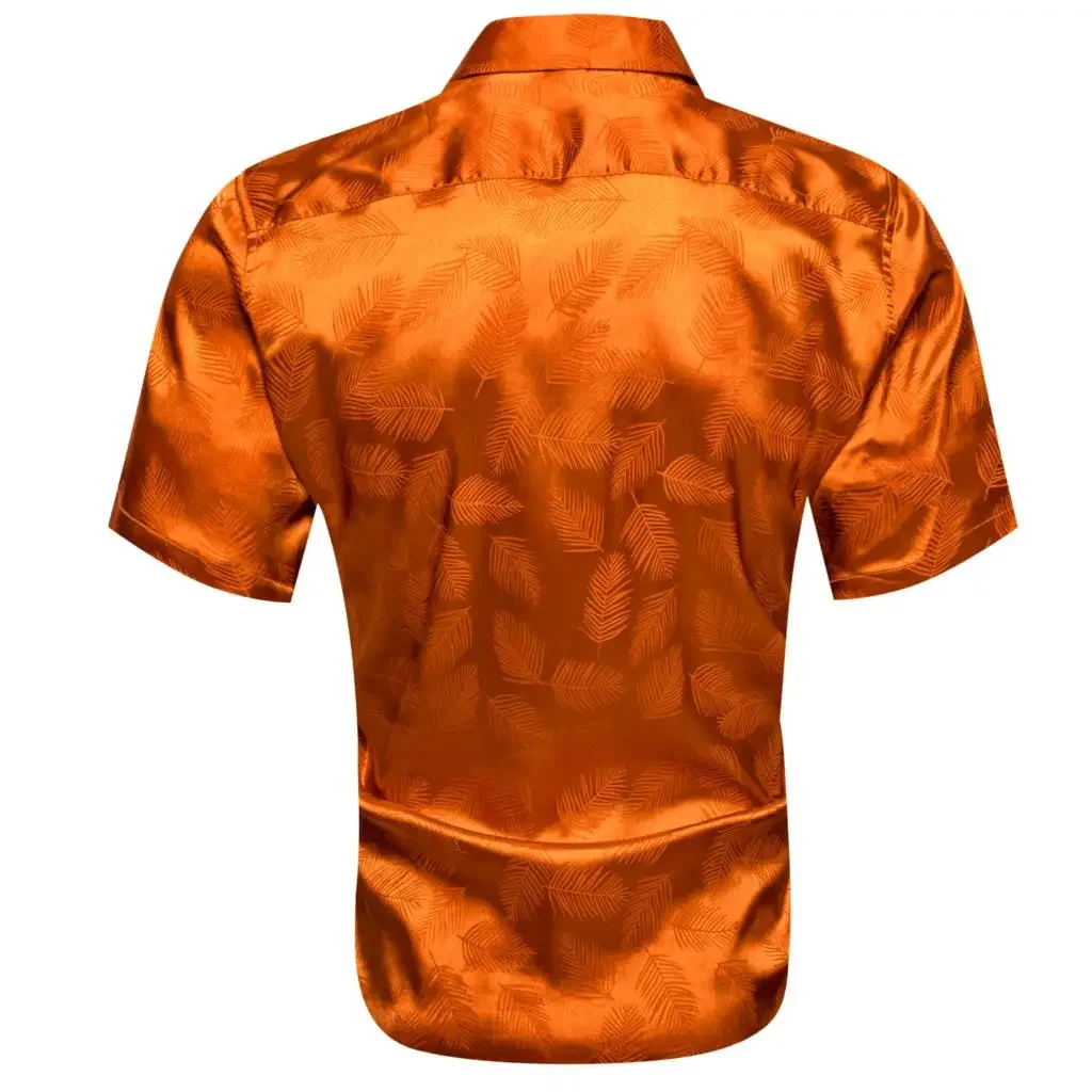 

Luxury Summer Shirts for Men Short Sleeve Cool Silk Satin Orange Leaves Slim Fit Male Tops Casual Breathable Barry Wang