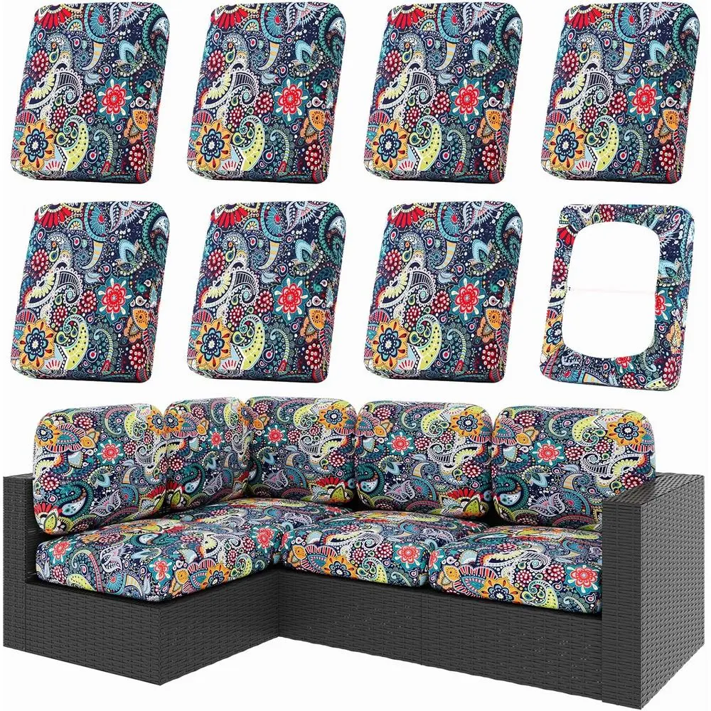

8-Piece Stretch Patio Cushion Covers, Outdoor Couch & Chair Slipcovers, Washable with Elastic Bottom (Paisley Pattern, Cover Onl