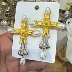 Golden Large Cross Drop Earrings