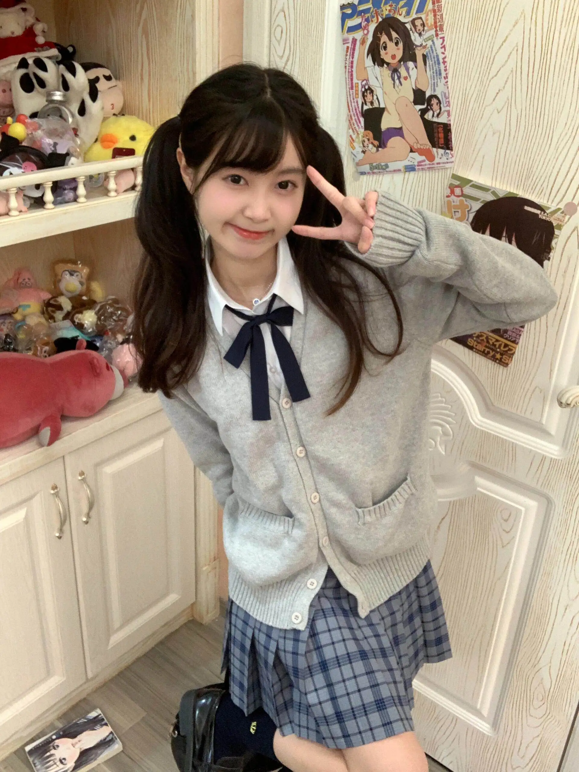 

Original Japanese Style JK Uniform Grey Water Blue Knitted Half Skirt with Cardigan Top Set School Uniform Fashion Ensemble