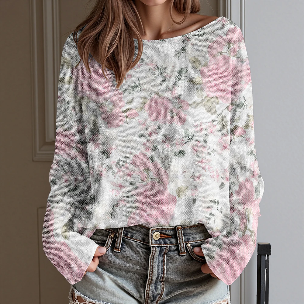 

Abstract striped checkered Women's sweater with exposed collarbone New Women's casual women's sweater