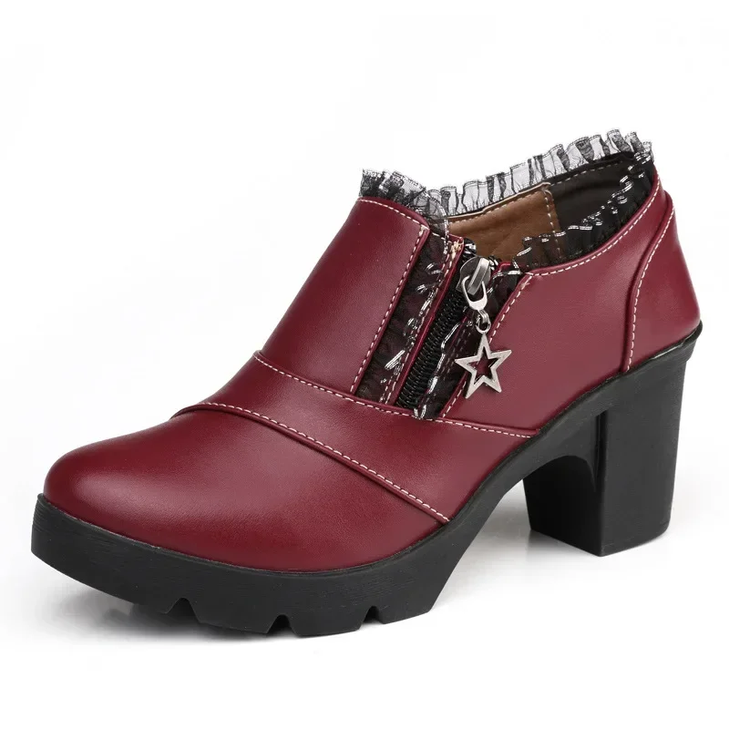 Women Genuine Leather Shoes Woman High Heel Square Heel Shoes Black Women's Pumps Female Shoes High Heels Classics Casual image 6