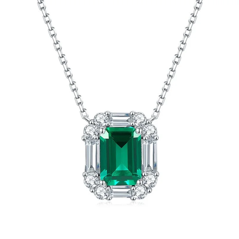 

ZFSILVER Trendy 925 Silver Cultivated Gem 2ct Emerald Rectangle Necklace For Charms Women Accessories Party Jewelry Gift P3-0005