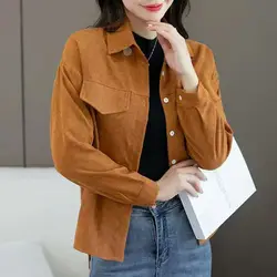 Casual and minimalist single breasted pocket shirt, deer suede long sleeved shirt, jacket, top for women