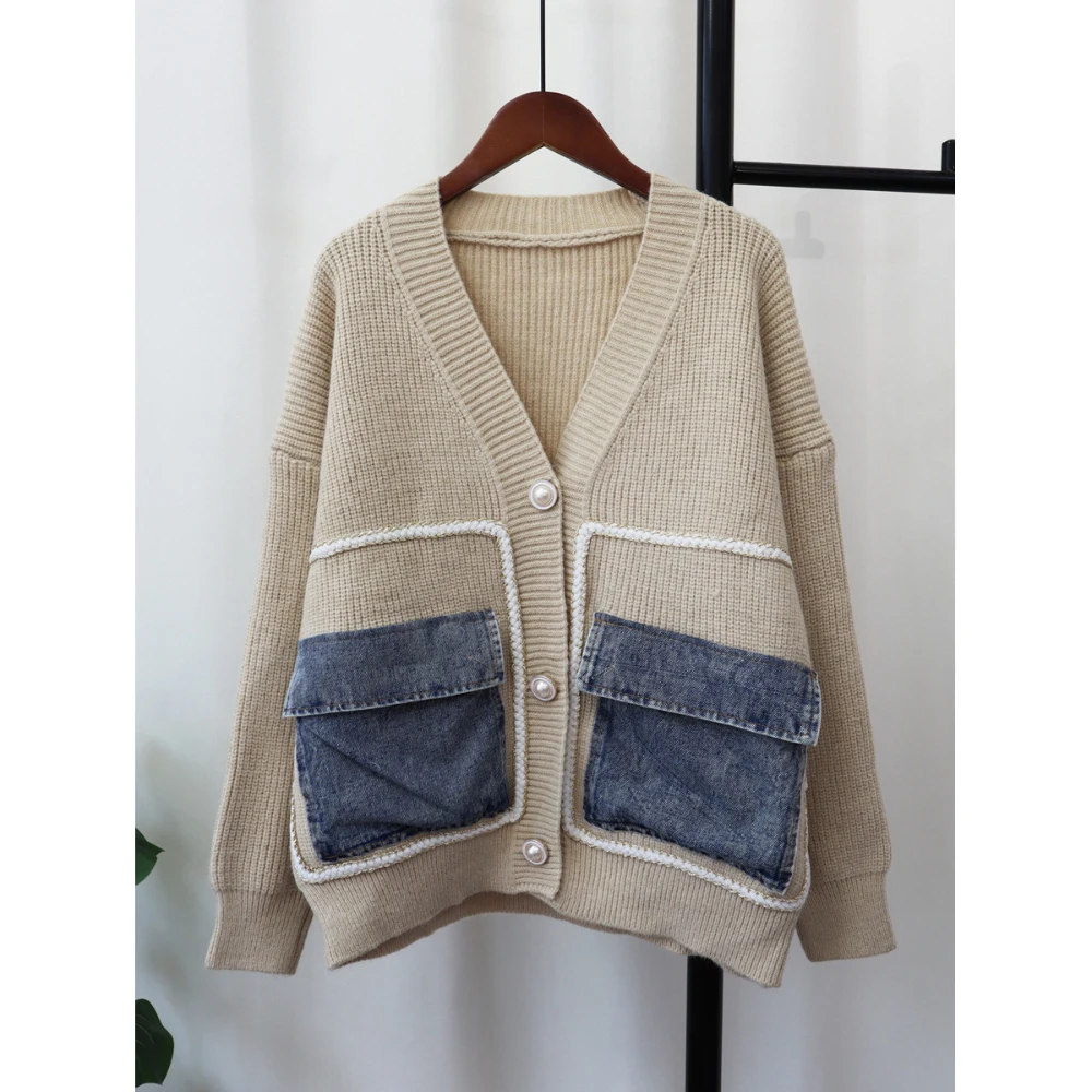 2024 Autumn Winter Sweater Cardigans Casual All-Matched Loose Denim Patchwork Pockets Single Breasted V-Neck Knitted Outerwears