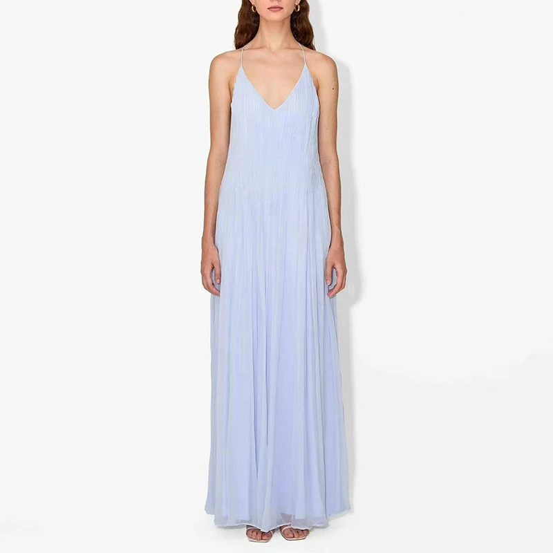 Abito sexy con bretelle all'americana con scollo a V cavo Donna Primavera Solido Abito lungo a pieghe allentato Abito estivo con fasciatura senza schienale Boho Vestido