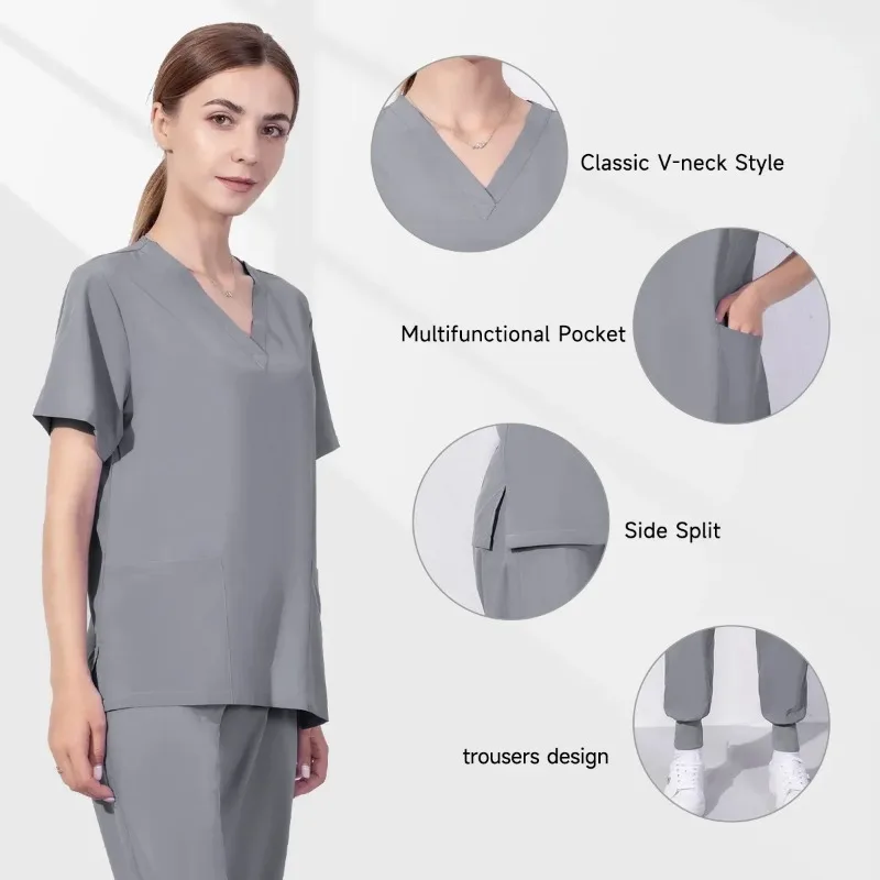 Mulheres cor sólida v-Neck Scrubs conjuntos, vestido cirúrgico, corredores de bolso, conjuntos de uniforme hospitalar, Ternos de moda por atacado