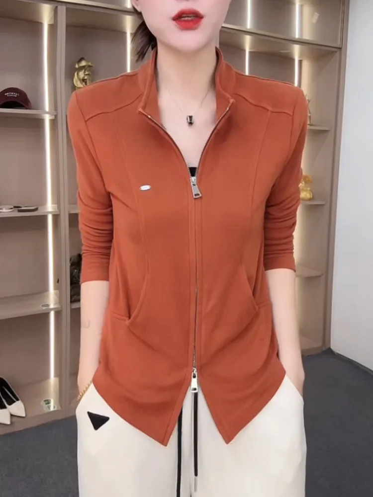 

Корейская куртка на молнии с воротником-стойкой, больших размеров, универсальная, модная, стройнящая, осенняя новинка, женская верхняя одежда