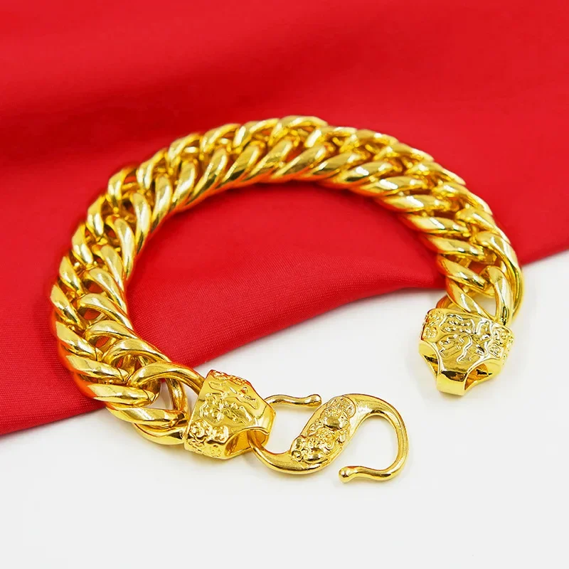 9999 Real 24K Yellow Gold Men's Pixiu Bracelet | Domineering Luxury Fortune Tank Flat Design, Solid Gold Jewelry