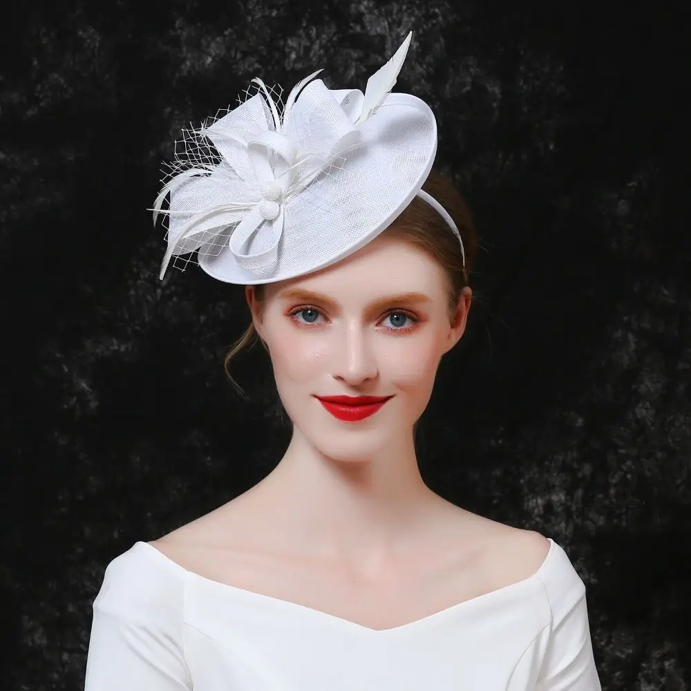 Women's Fascinator Hat Imitation linen Feather Tea Party Pillbox Flower Derby Vintage Mesh Hair Band Fascinator Headwear