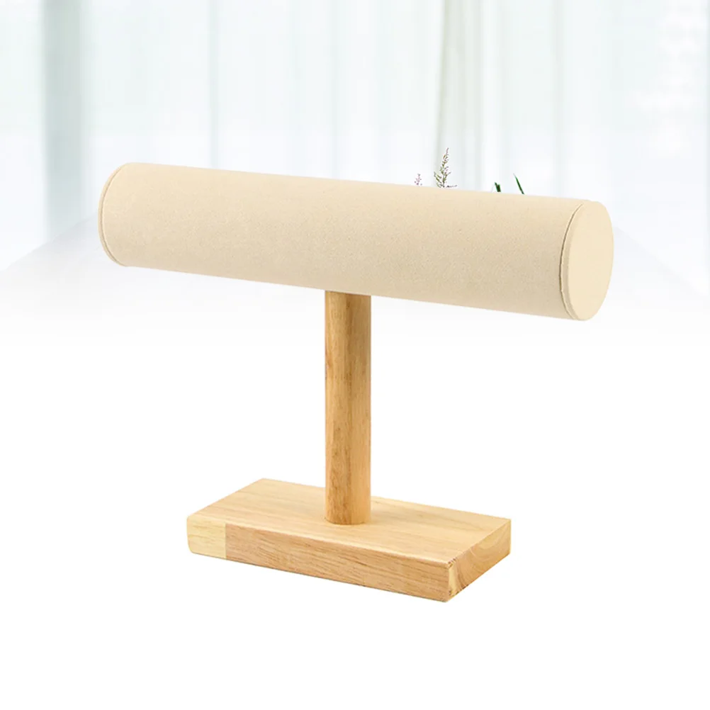

Solid Wood Bracelet Display Rack T-Shaped Bangle Watch Holder Beige Large Microfiber Surface Jewelry Storage Organizer Durable