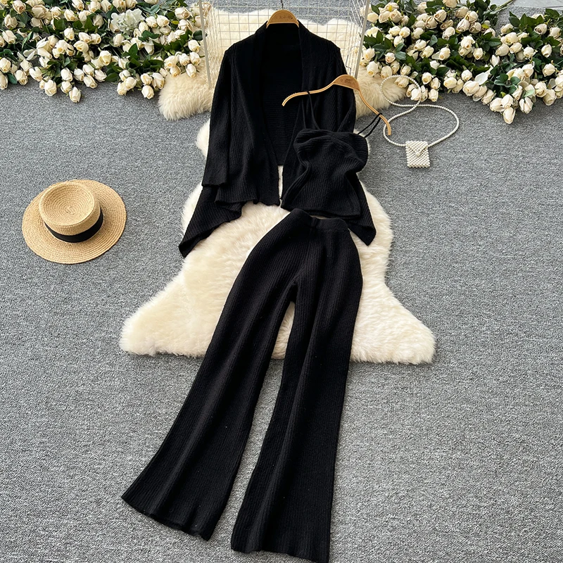 Fashion Warm 2-piece Set Lapel Neck Lace Up Slim Coat+Sling Inner Tops+High Waist Wide Leg Pants Women Knit Autumn Winter Suits