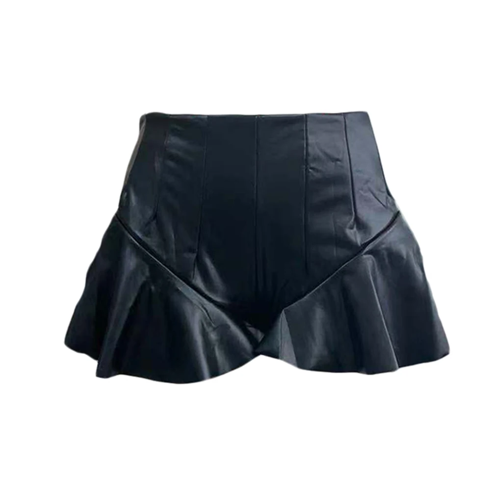 Lively Women's high waist mini pants crafted from faux leather featuring an alluring aline ruffle design ideal clubwear