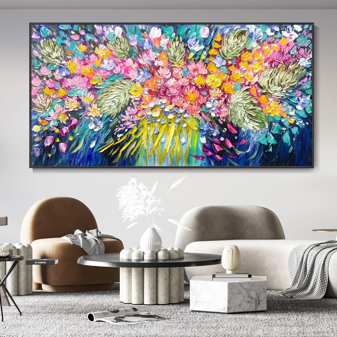 Peinture à l'huile sur toile de fleurs éclatantes, peinte à la main avec technique de couteau texturé pour décoration murale de salon