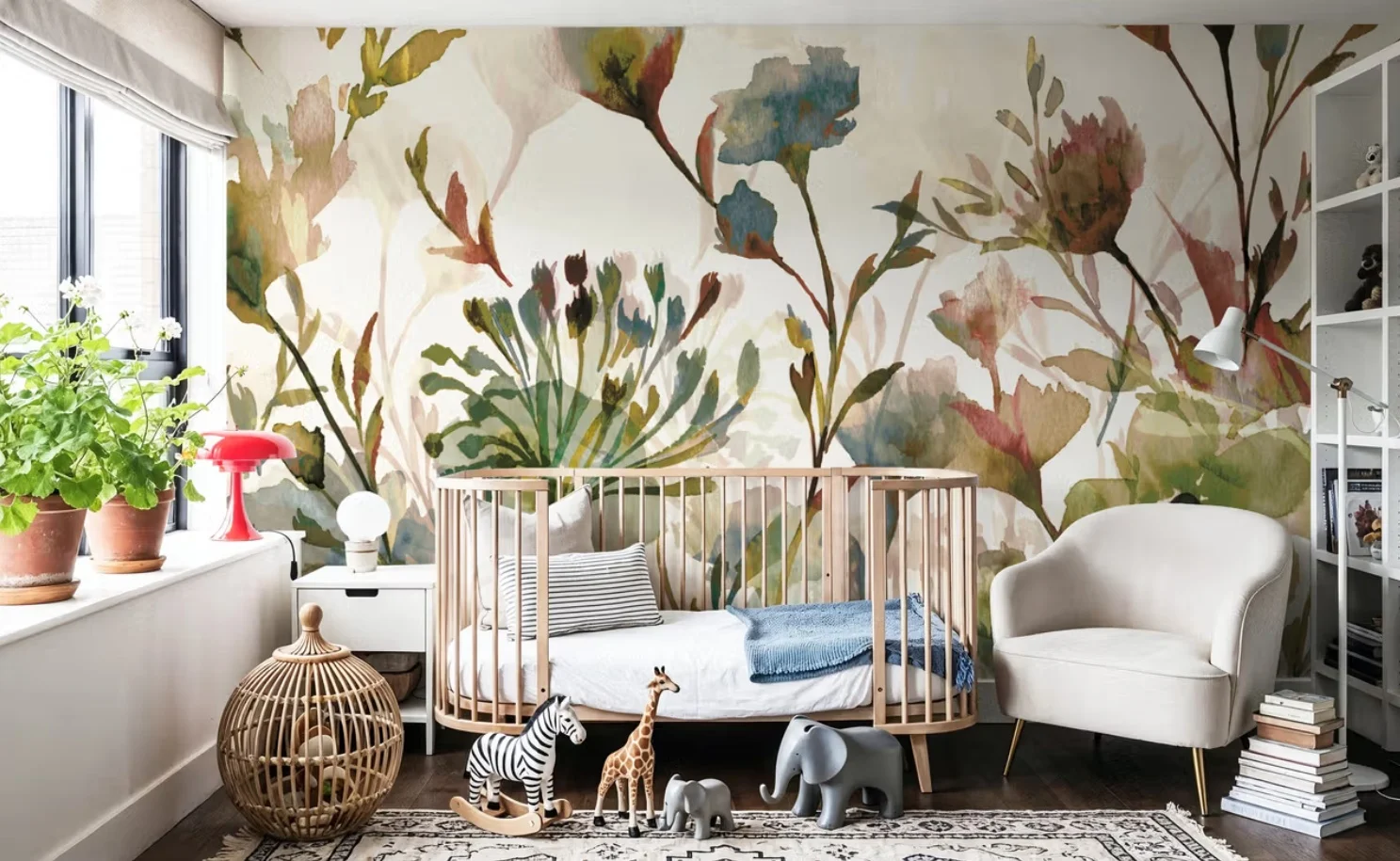 

Customized size mural with soft watercolor flowers and leaves, cream colored background wallpaper, pastoral decorative painting