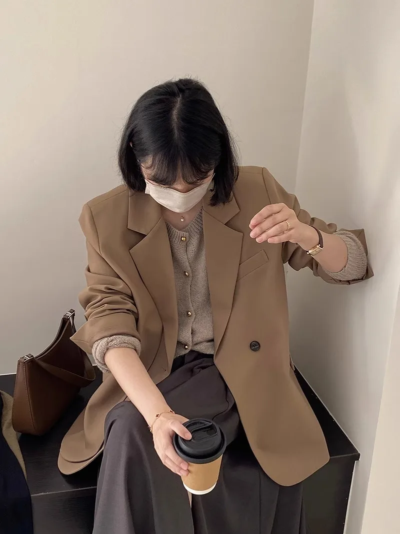 Dames Blazer Groen Oversize Koreaans Chic Lente Modieus Stand Pad Straat Eén knop Capabel Woon-werkverkeer Blauw Hoog Klassiek