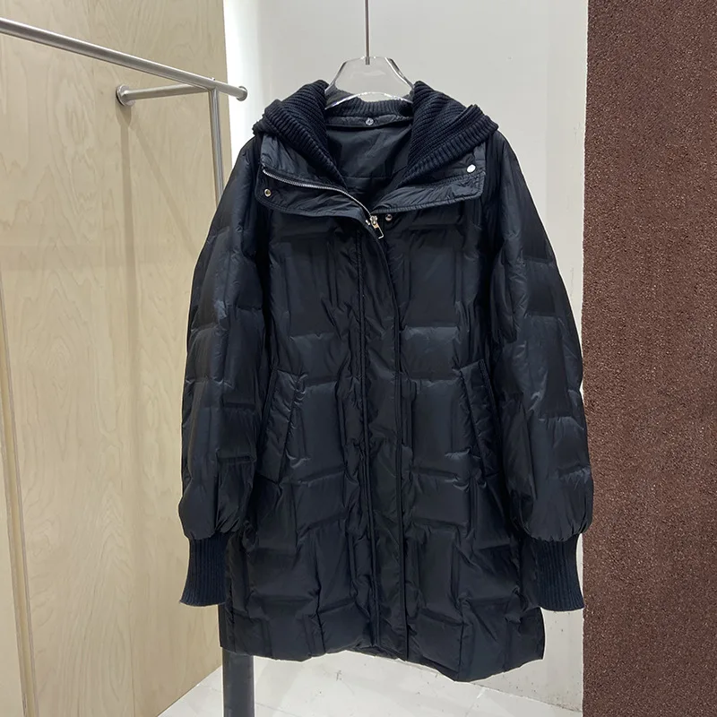 เสื้อโค้ทกันหนาวสำหรับผู้หญิง แจ็คเก็ตขนเป็ดสีขาว หมวกถักแบบถอดได้ ยาว อุ่น เรียบง่าย สบาย ลำลอง ไม่ซ้ำใคร อเนกประสงค์