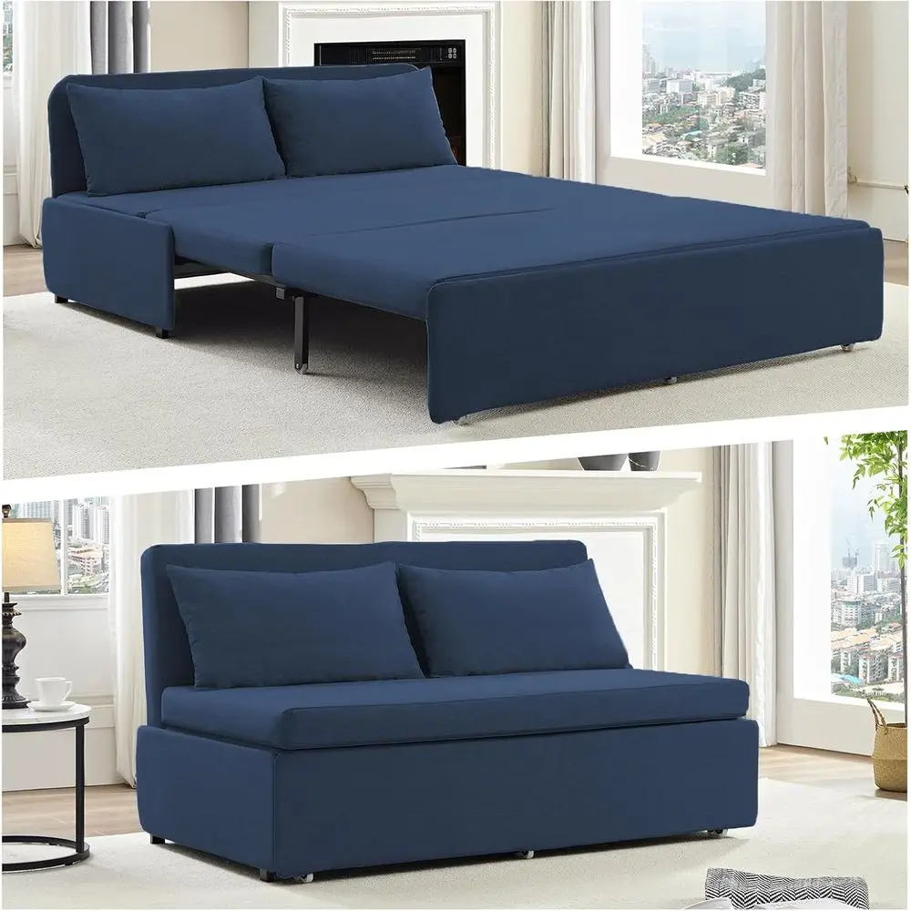 

Queen Size Convertible Sofa Bed with Pillows and Linen, 3-in-1 Sleeper Sofa for Living Room in Blue