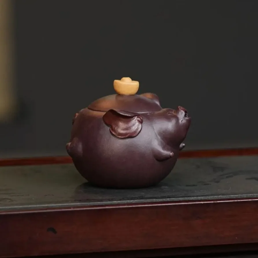 Genuine Yixing Zisha Teapot, 180ml Fully Hand‑crafted Purple Clay Ingot Fortune Pig Teapot, Household Mini Kung Fu Tea Set